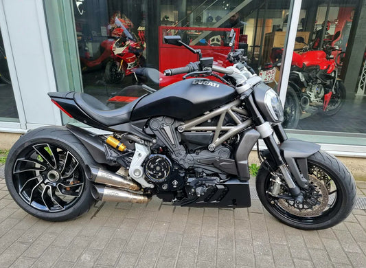 Ducati XDiavel and Diavel S Vandemon titanium exhaust system installed on a Ducati motorcycle, showcasing the sleek exhaust design.