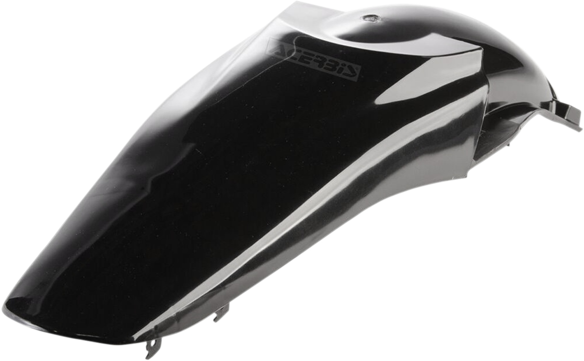 A black Acerbis rear fender for motorcycles, designed as a durable body part with mounting points visible on the black plastic component.
