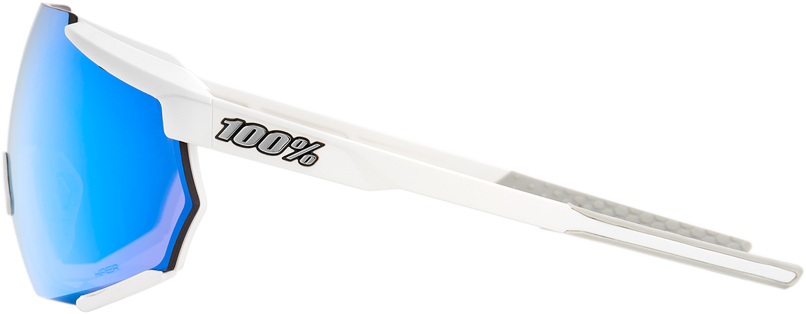 Bill's Exhausts 100% Racetrap sunglasses in matte white with blue mirror lenses, sporty design, and sleek frame.