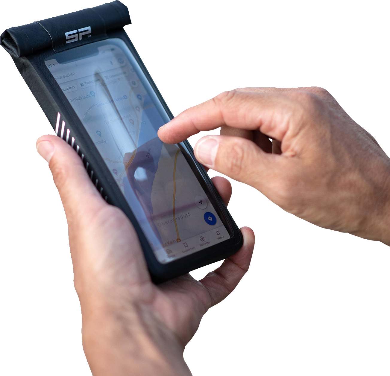 Universal SP CONNECT phone holder kit for medium cases, compatible with Bill's Exhausts phone accessories, shown on a phone.
