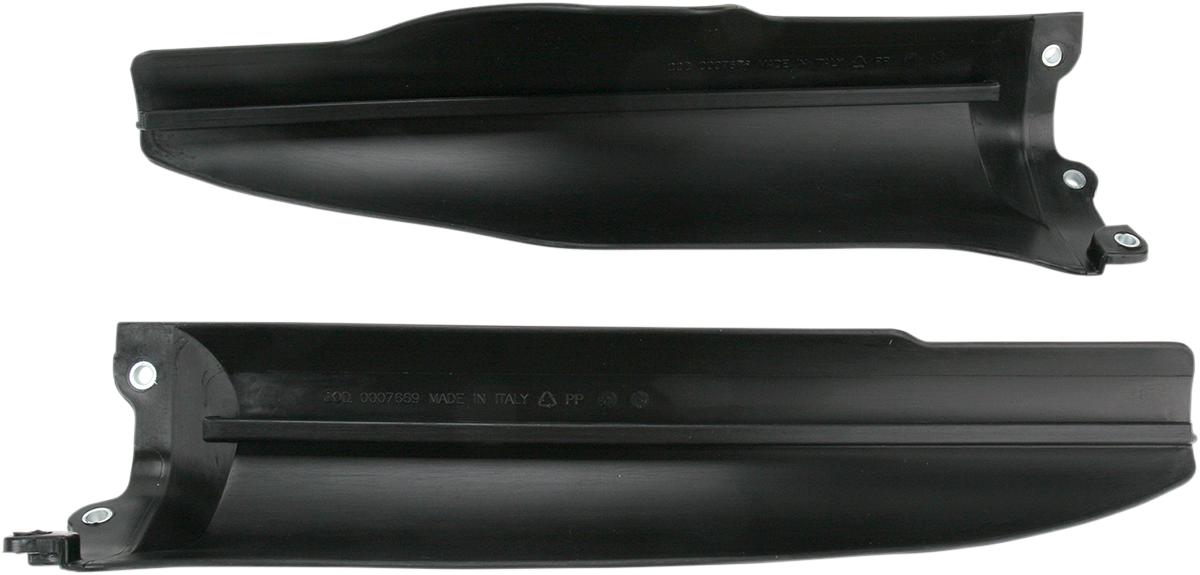 Black Acerbis lower fork covers for bikes, shown on a motorcycle's front suspension in a close-up view.