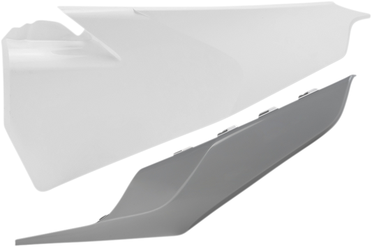 A pair of Acerbis white and gray motorcycle side panels, designed as body parts for a compatible bike model, displayed in the image.