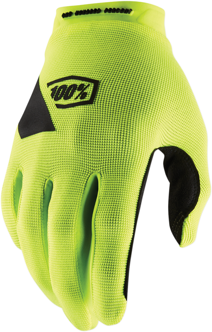 Bill's Exhausts 100% Ridecamp gloves in fluo yellow, 2XL size, with padded palms and breathable fabric for cycling comfort.