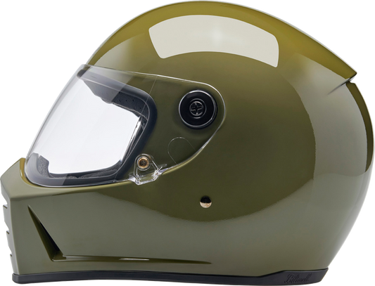 Bill's Exhausts BILTWELL Lane Splitter helmet in glossy olive green, 2XL size with clear visor and matte finish.