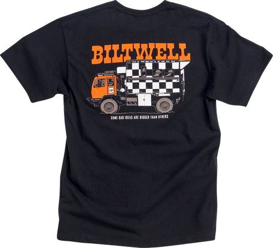 Black BILTWELL LMTV Pocket T-Shirt in Medium, featuring a chest pocket and classic crew neck style.