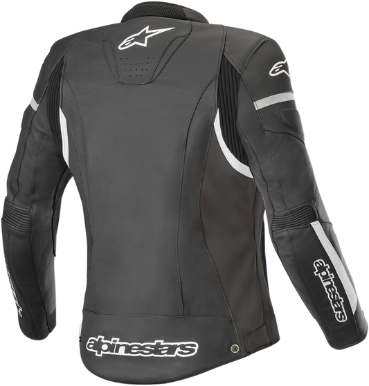 Bill's Exhausts Alpinstars Stella Women's Kira Leather Jacket in black and white, front view showing collar and zip details.
