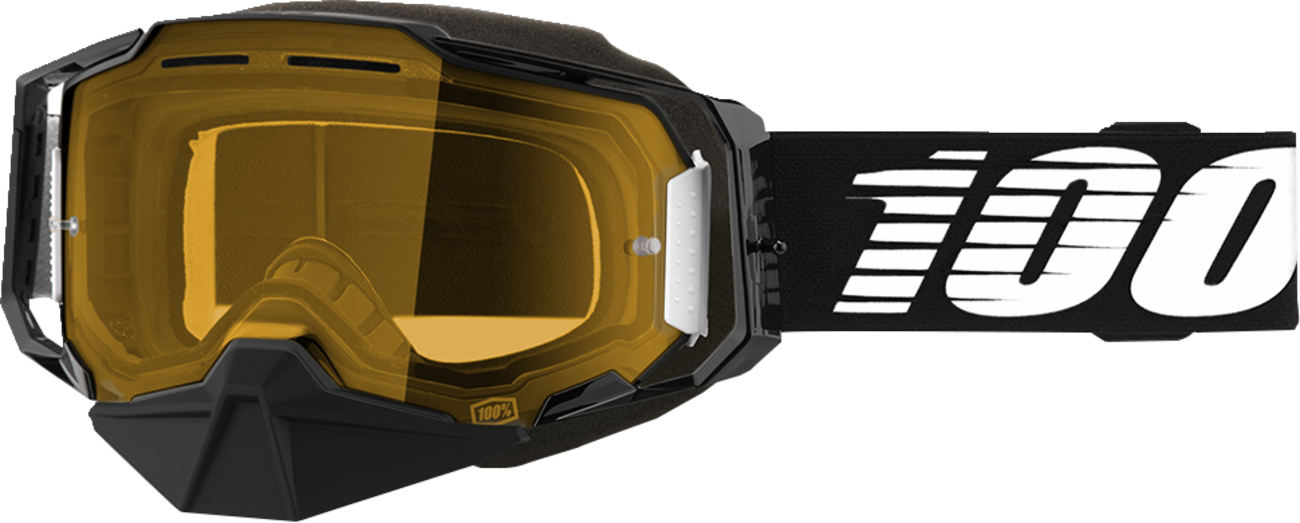Bill's Exhausts 100% Armega snow goggles in black with yellow accents, featuring clear lenses and adjustable straps for winter sports.