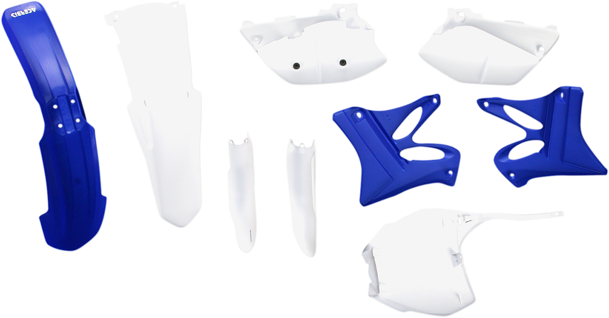 Acerbis full replacement body kit in blue and white for OEM '13 motorcycle, showcasing the sleek, fitted design on a white background.