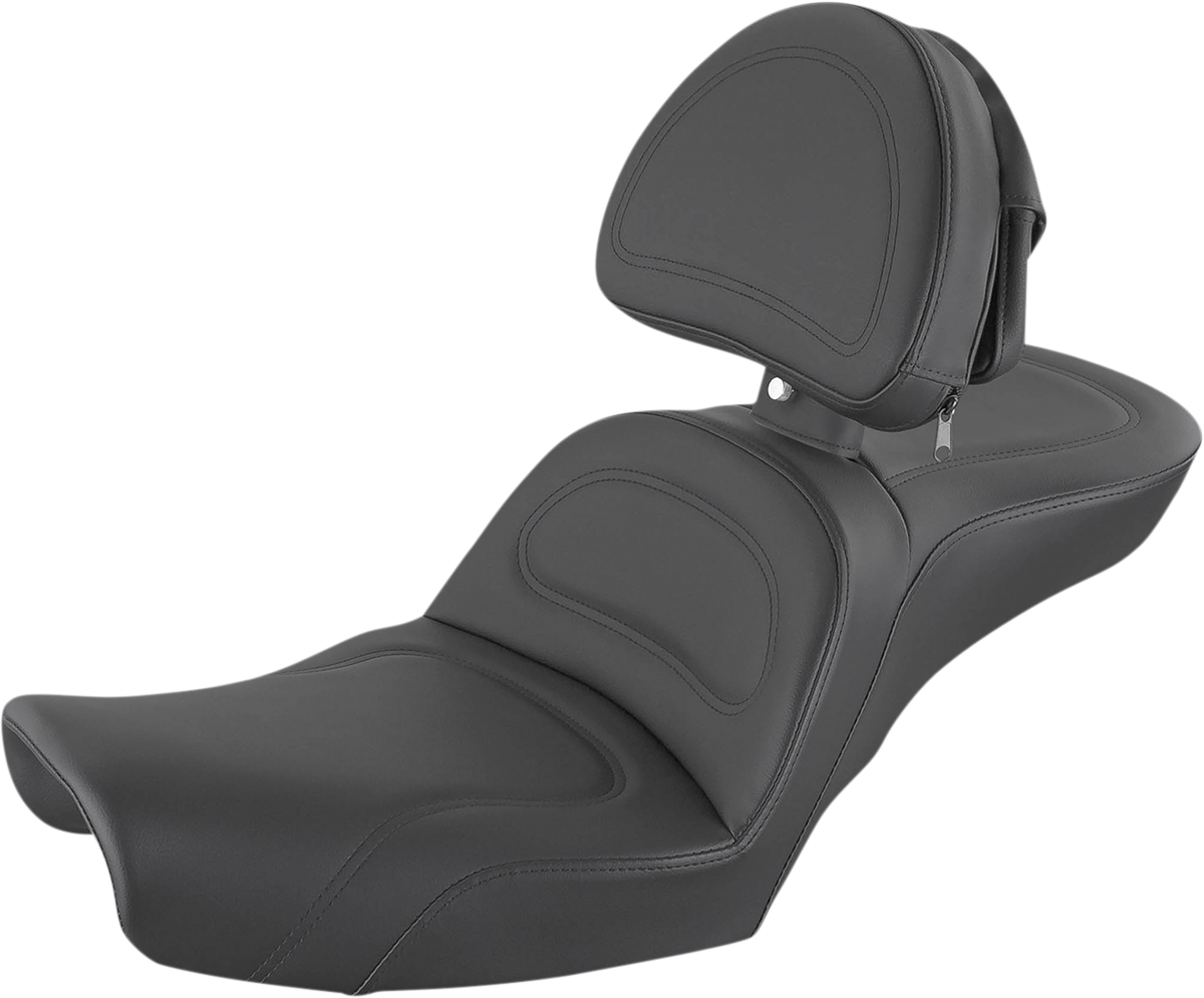 Black SADDLEMEN Explorer motorcycle seat with backrest and stitched design for Dyna models, providing comfort and style.