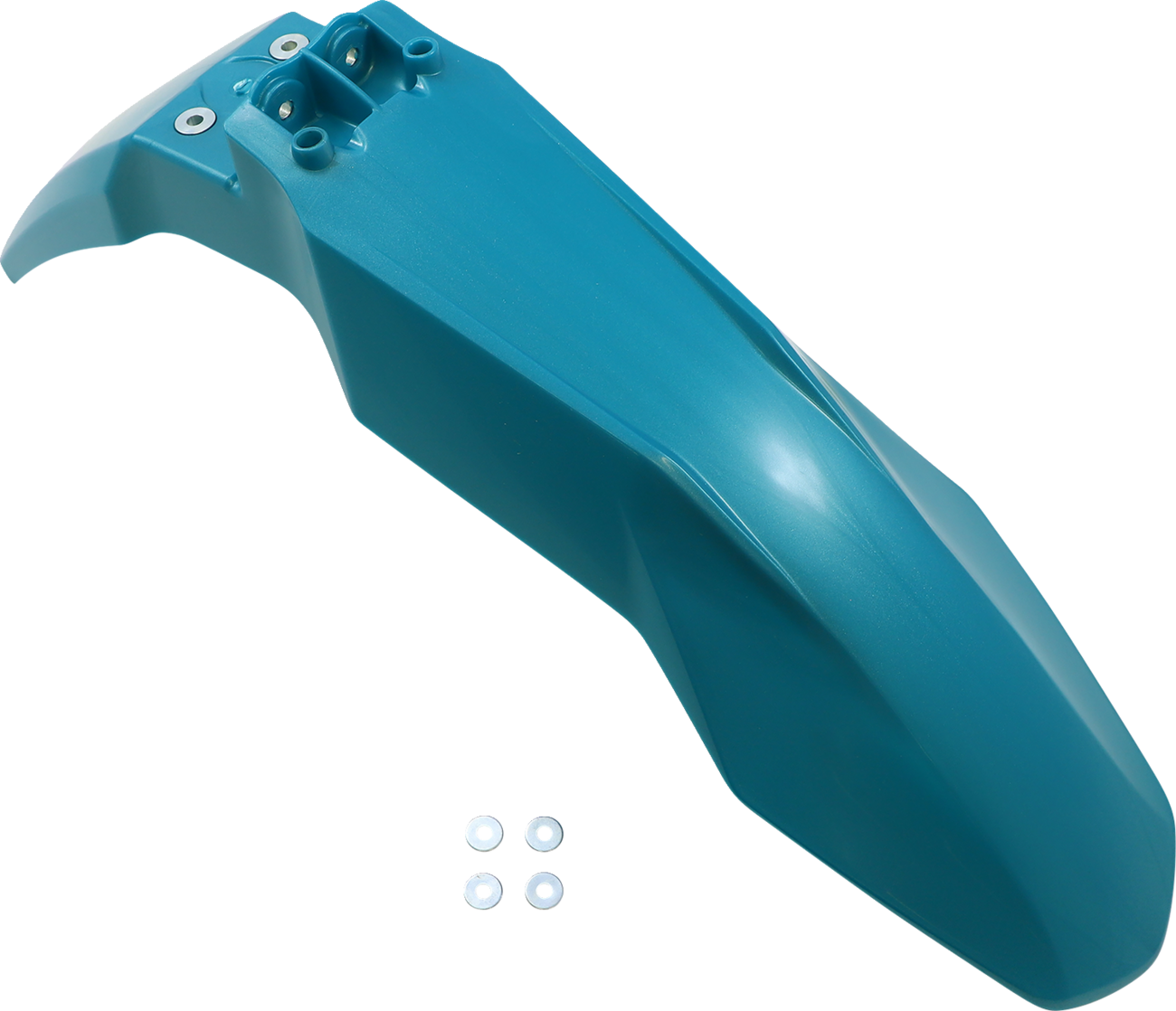 Acerbis teal and metallic front fender for motorcycle, showcasing its sleek body design and vibrant color finish.
