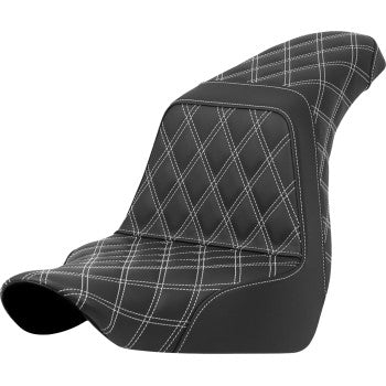 Bill's Exhausts SADDLEMEN Step-Up Seat with full lattice white stitching for FXLR and FLSB 2018-2021, designed for comfort and style.