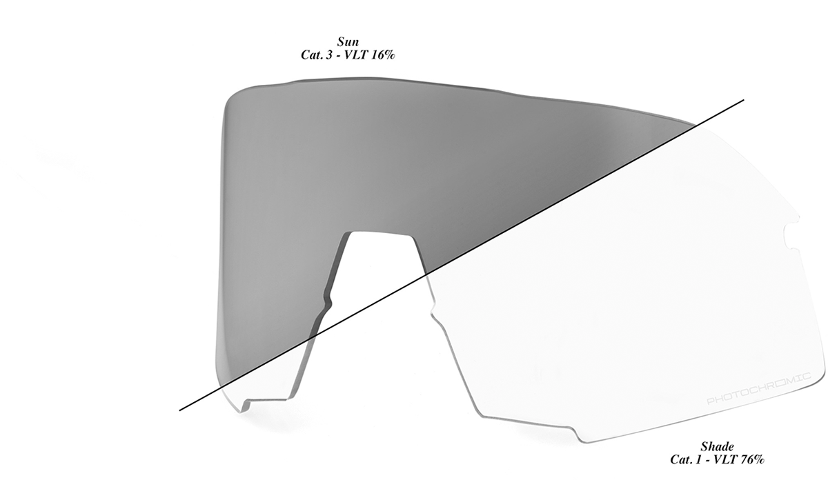 Photochromic S3 lens by Bill's Exhausts, showing a close-up of the lens surface with its adaptive tinting and clear frame.