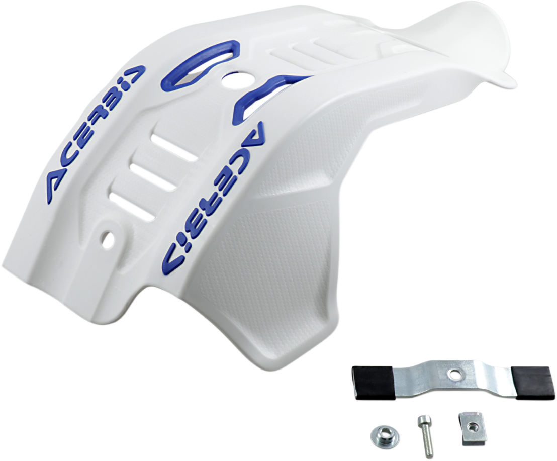 White and blue ACERBIS Husqvarna and KTM skid plate, durable motorcycle body protection with brand-specific design.