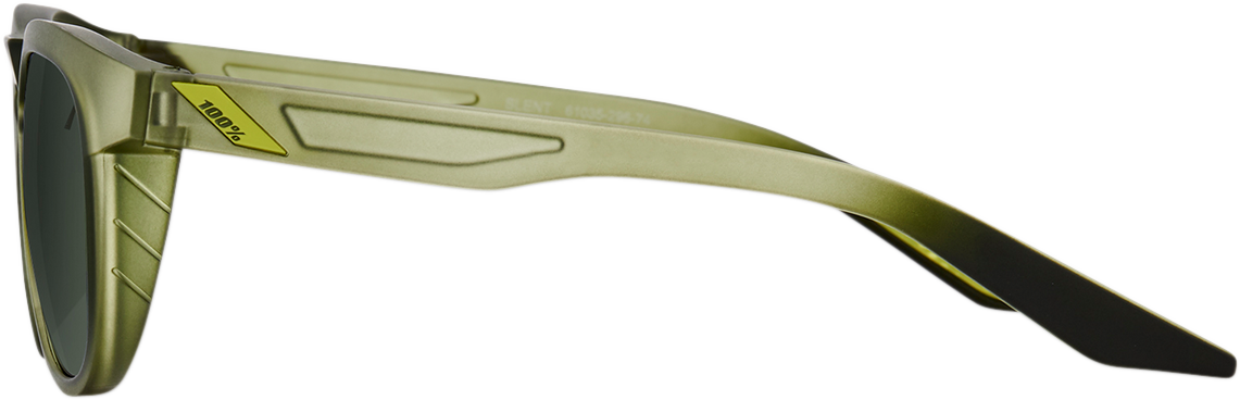 Bill's Exhausts 100% Slent sunglasses with olive frames and gray green lenses, showcasing stylish eyewear design.