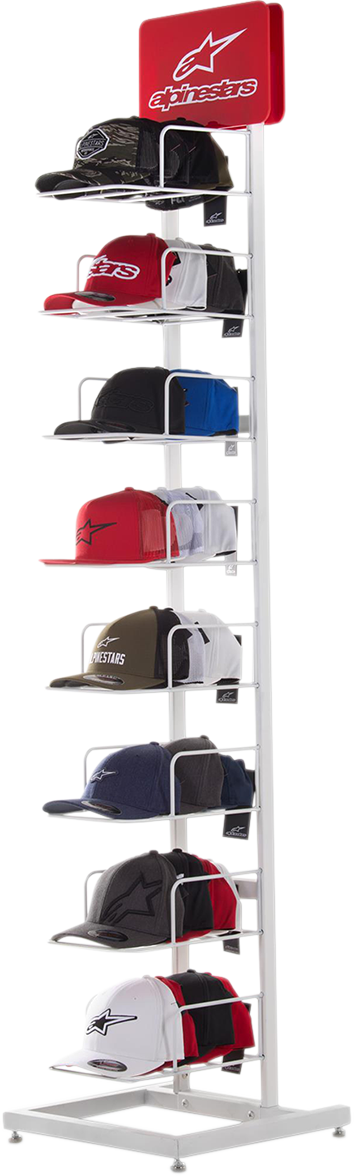 Bill's Exhausts Alpinstars hat display showing various stylish hats on a stand for easy browsing.