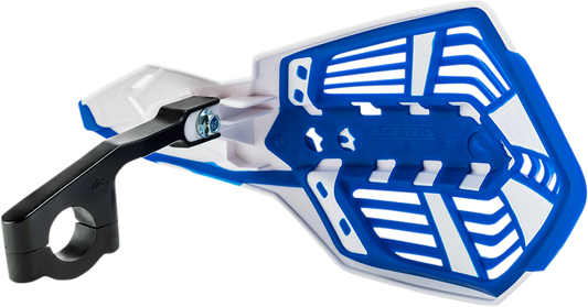 A pair of ACERBIS X-Future white and blue motorcycle handguards with mounting hardware on a white background.