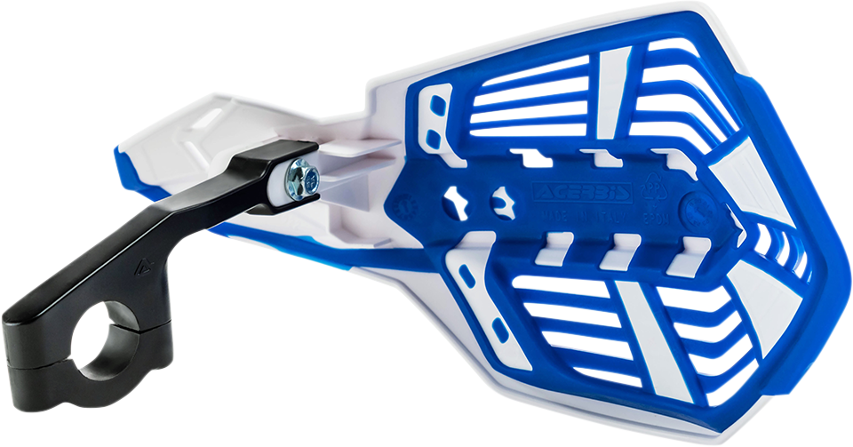 A pair of ACERBIS X-Future white and blue motorcycle handguards with mounting hardware on a white background.