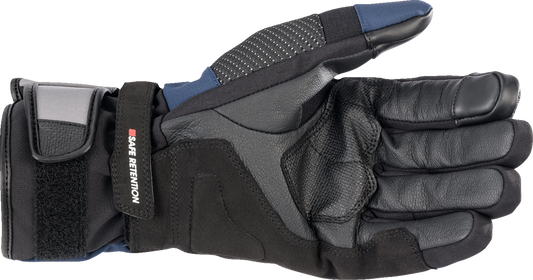 Alpinestars Andes V3 Drystar® gloves in black and dark blue, 2XL, showing the padded knuckles and adjustable wrist straps.