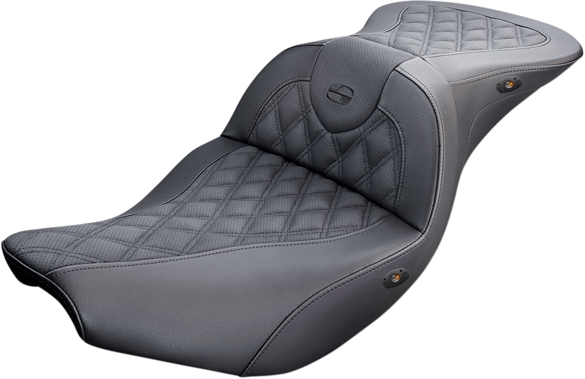 Black SADDLEMEN Roadsofa seat with full lattice stitch, heated, designed for motorcycles, featuring a sleek and durable black seat.