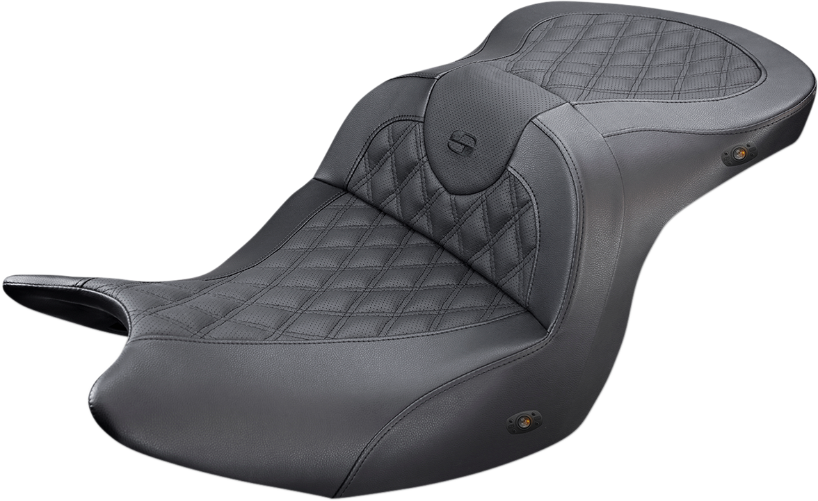Black SADDLEMEN Roadsofa seat by Bill's Exhausts with full lattice stitch, heated feature, without backrest, for motorcycle riding.