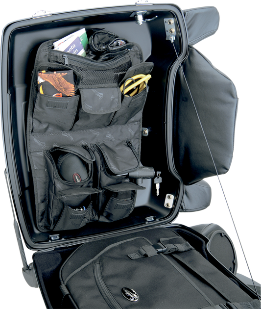 Bill's Exhausts SADDLEMEN Tour Pack Lid Organizer for seats, with multiple compartments and straps for secure storage.