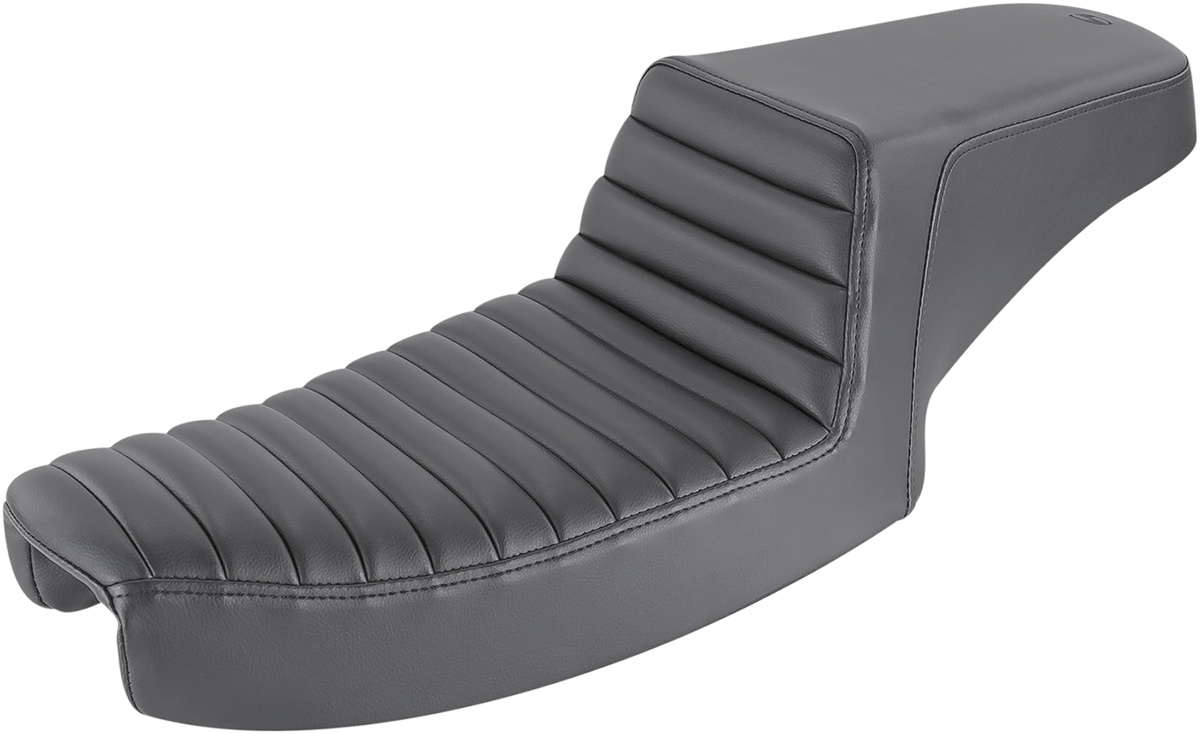 Black SADDLEMEN Step-Up Seat with front tuck-n-roll design for Dyna motorcycles, featuring a sleek, comfortable riding surface.