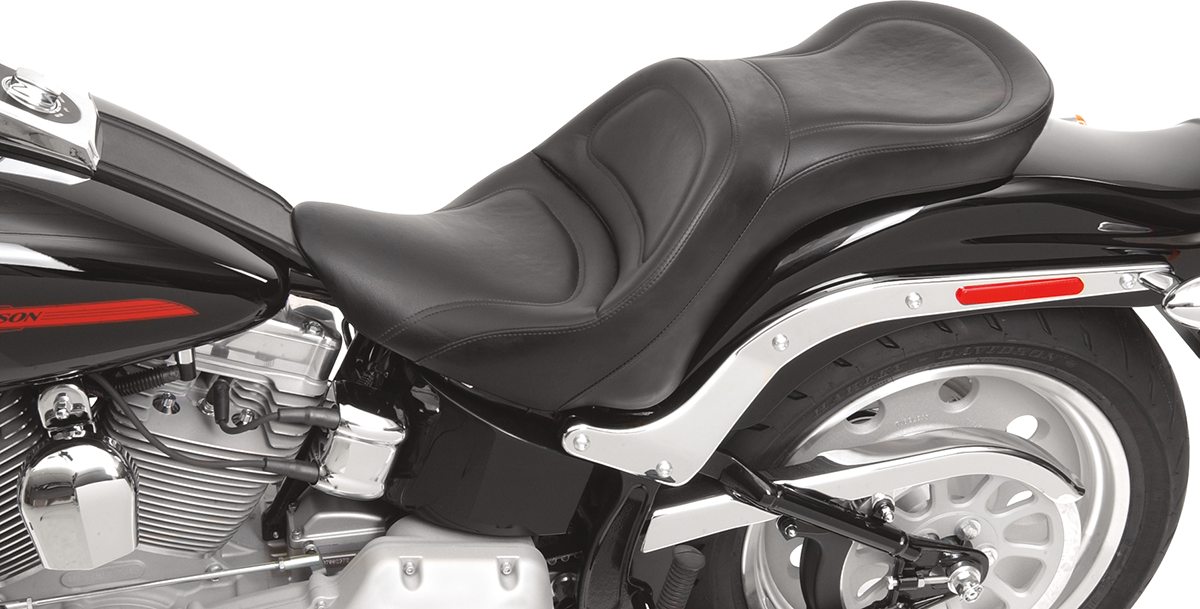 Black SADDLEMEN Explorer motorcycle seat without backrest, stitched design for Harley FLSTF models 2007-2017 by Bill's Exhausts