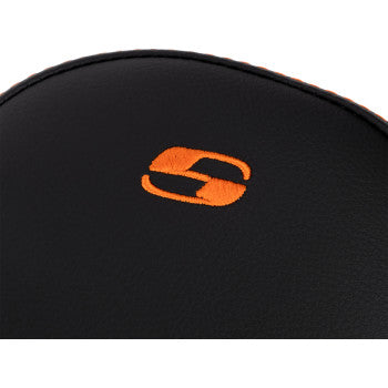 Bill's Exhausts SADDLEMEN Step-Up Seat for FLH/FLT '08-'23, front seat with orange lattice stitching, motorcycle seat replacement.