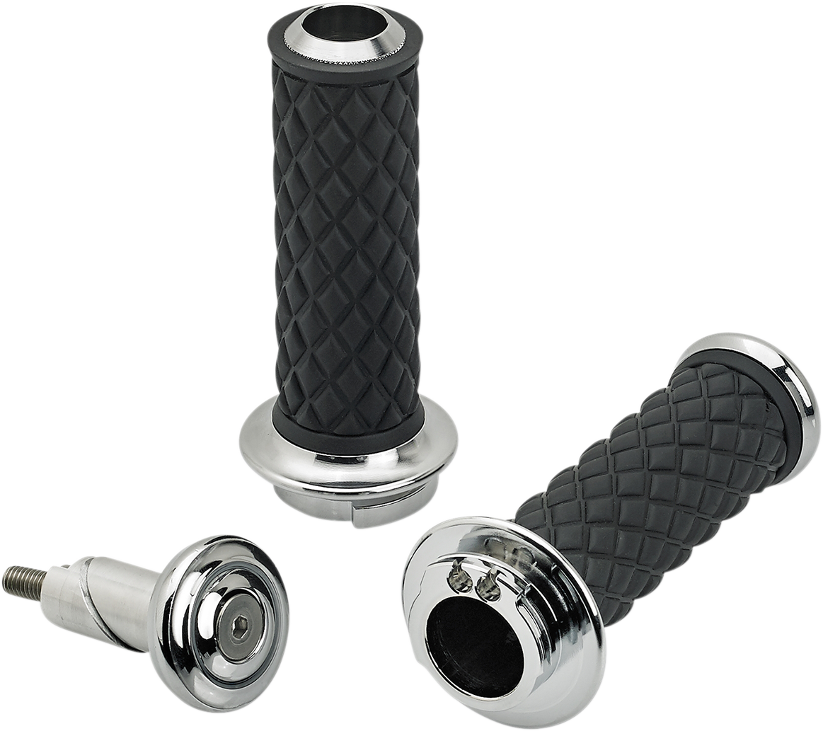 Chrome BILTWELL Alumicore Dual Cable grips for motorcycles, featuring durable construction and sleek metal finish.