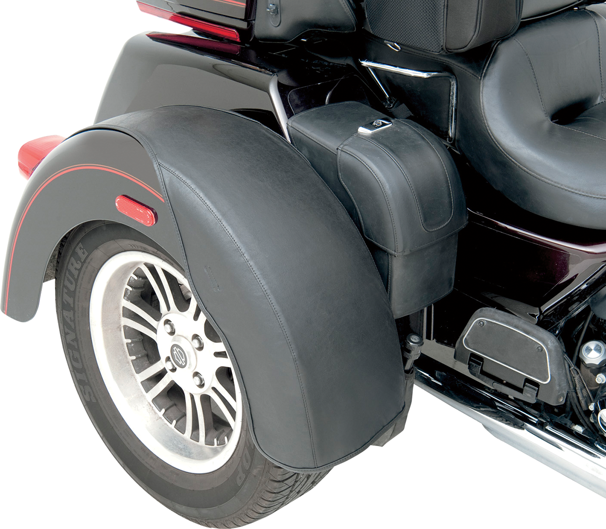 SADDLEMEN rear fender bra set for motorcycle seats, shown on a bike, with branded stitching and protective material.
