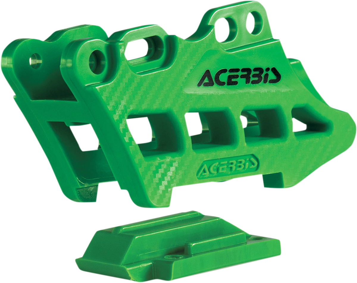 Green ACERBIS complete chain guide block for Kawasaki motorcycles, designed for durability and precise chain alignment.