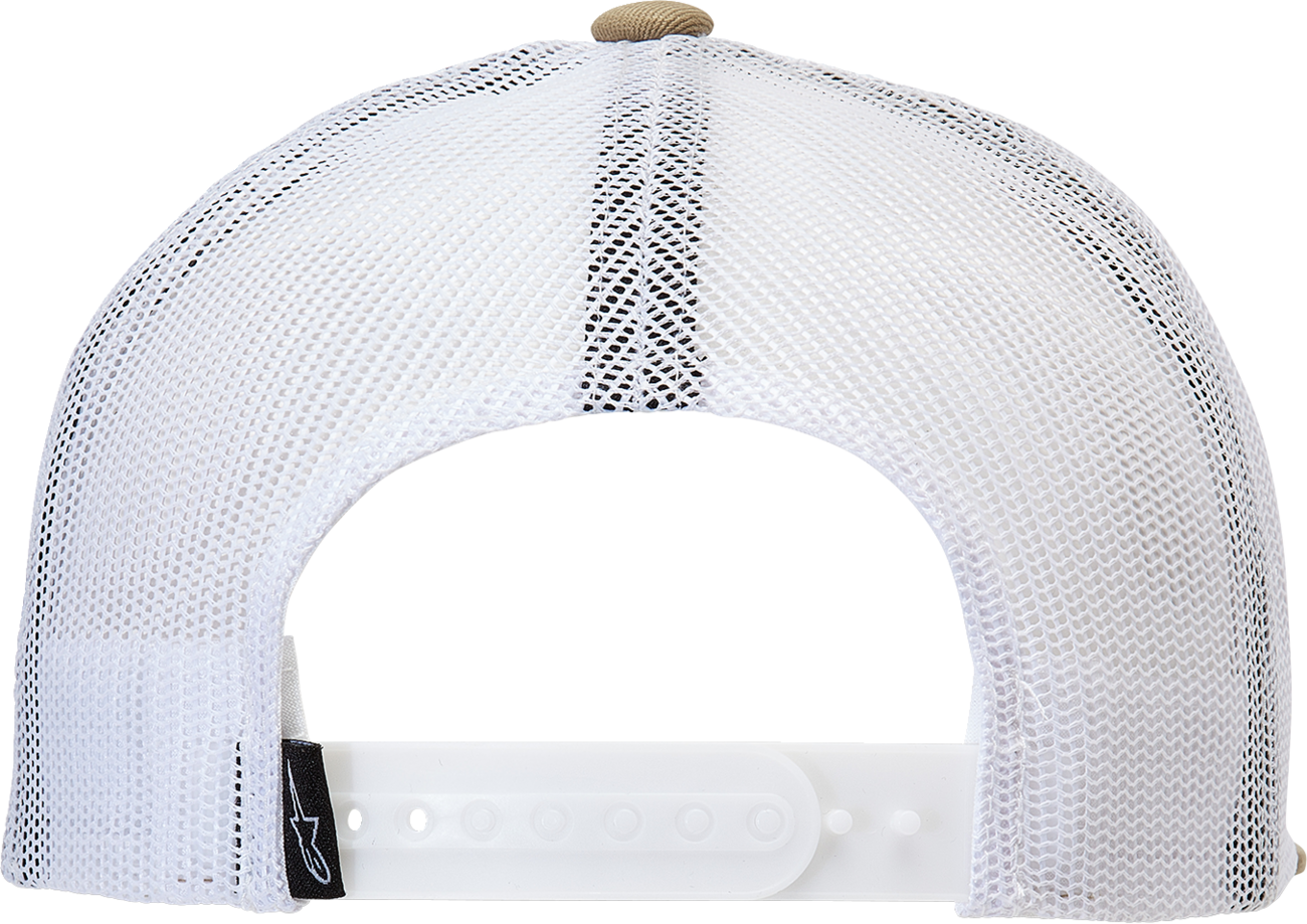 Alpinestars Bolt Trucker Hat in sand and white with mesh back and embroidered logo, adjustable one size fits most.