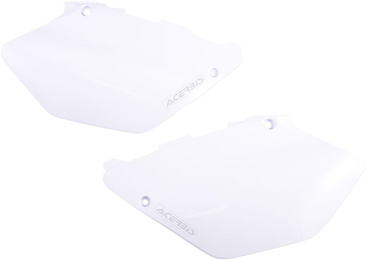 A pair of white Acerbis side panels for motorcycle body styling, featuring the product code 2043520002.