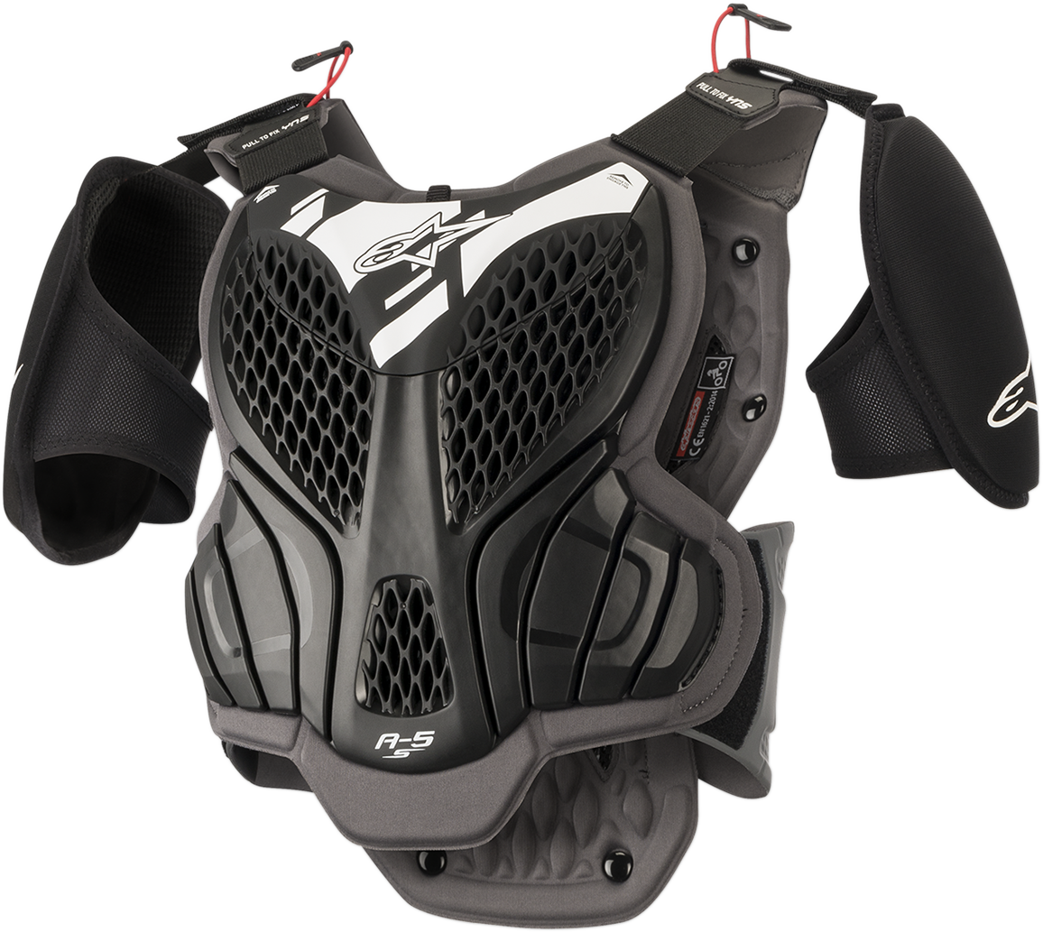 Youth ALPINESTARS A-5s body armor in black and gray, size L/XL, protective gear designed for motocross or off-road riding.