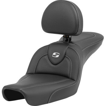 Bill's Exhausts SADDLEMEN Roadsofa™ Carbon Fiber motorcycle seat with backrest for FXD '96-'03, featuring sleek carbon fiber design.