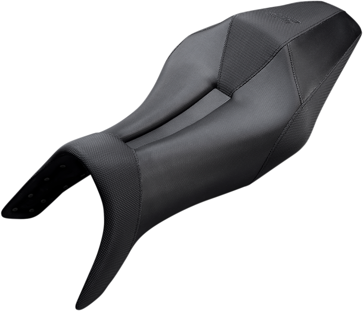 Black Saddlemens Gripper Performance Seat with faux carbon fiber for Yamaha FZ09/MT09 motorcycle, featuring sleek, textured surface.