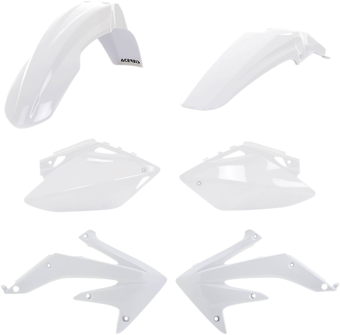 A white Acerbis standard replacement body kit for motorcycles, featuring sleek body panels designed for easy installation.