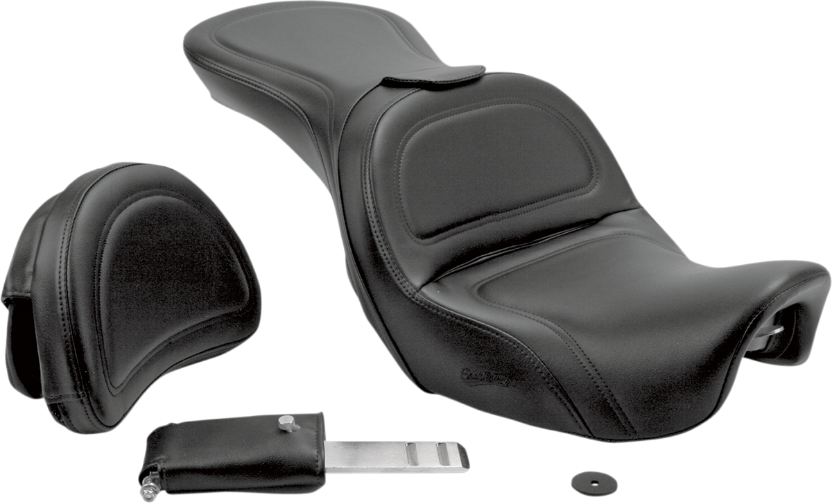 Bill's Exhausts SADDLEMEN Explorer seat with stitched black leather, backrest, designed for Dyna motorcycles.