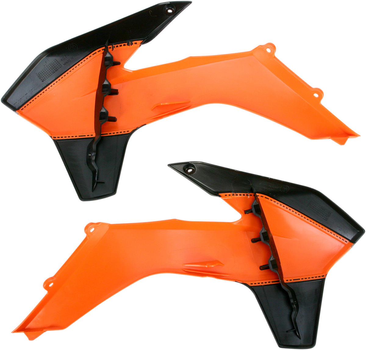 Acerbis radiator shrouds in orange and black for motocross bikes, designed to protect and enhance the bike's body appearance.