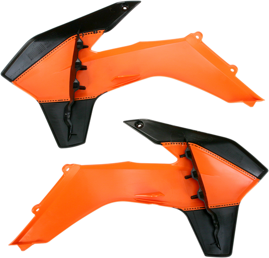 Acerbis radiator shrouds in orange and black for motocross bikes, designed to protect and enhance the bike's body appearance.