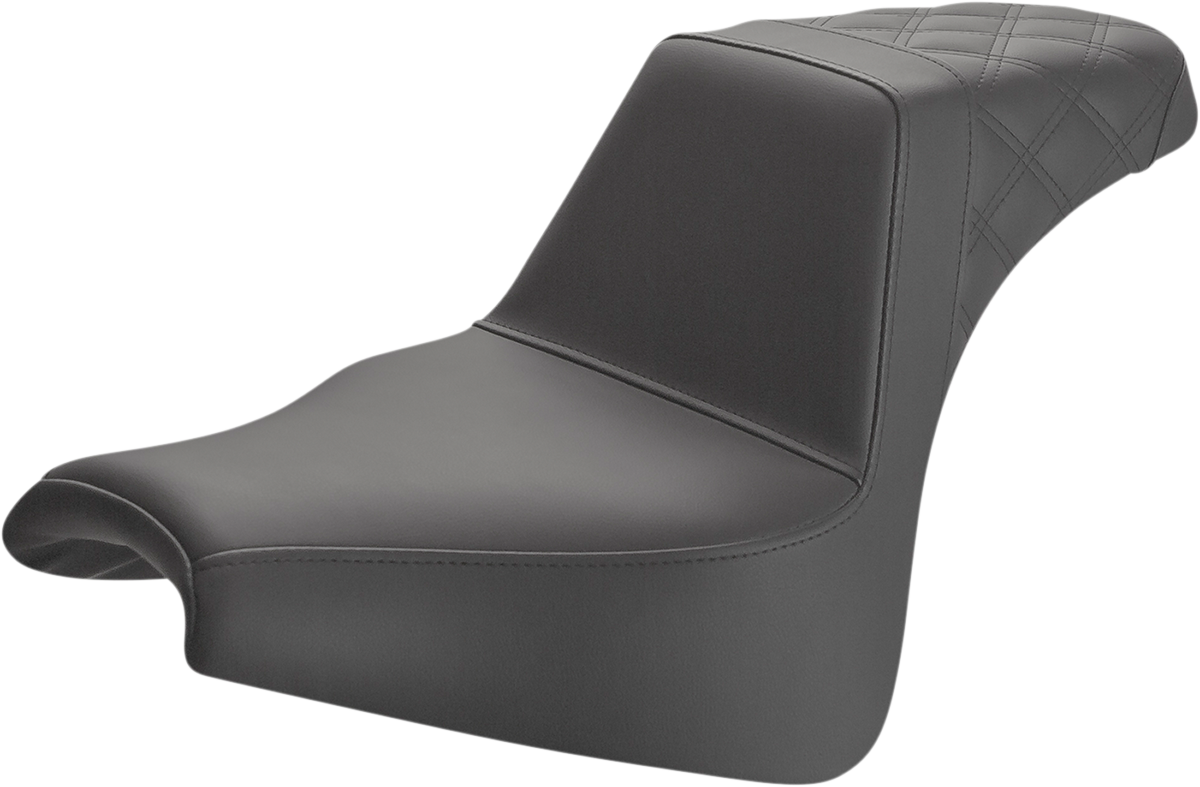 Black SADDLEMEN Step-Up Seat with rear lattice stitch for FXFB motorcycles, designed by Bill's Exhausts.