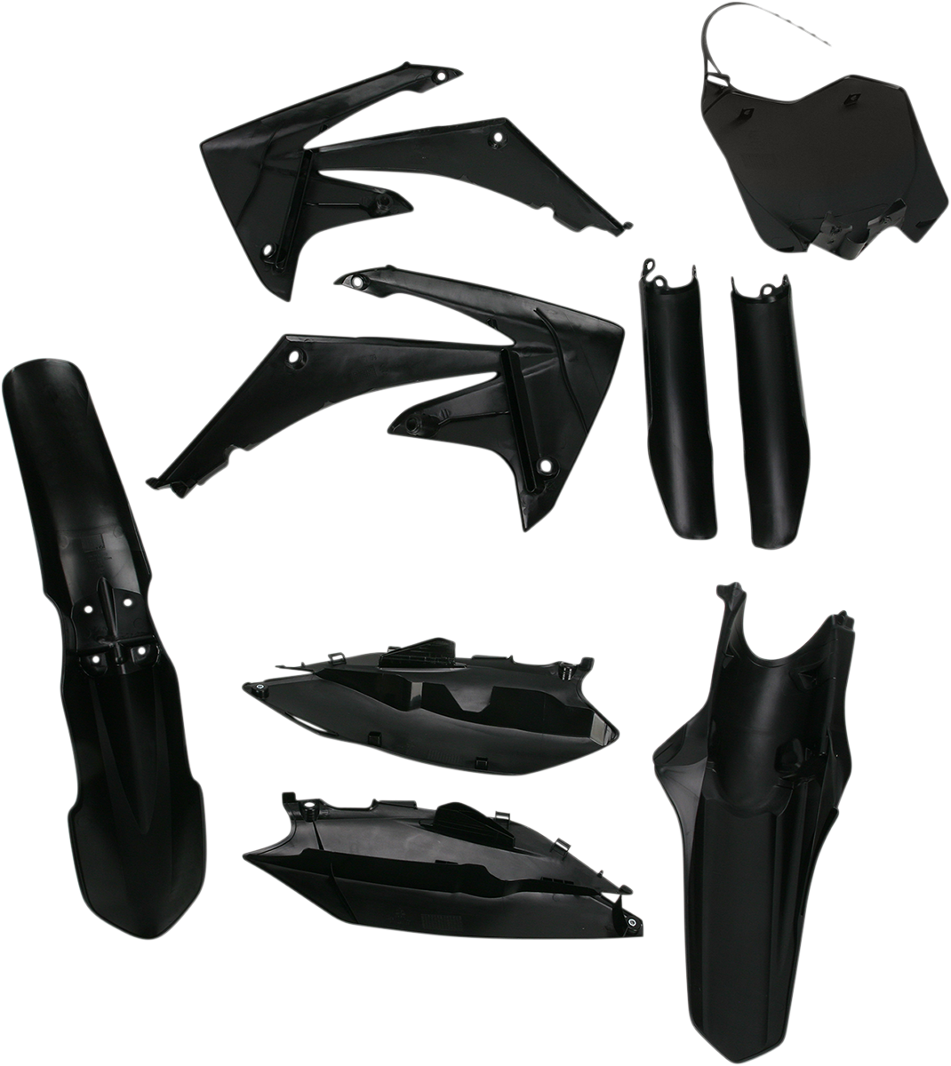 Black Acerbis full replacement body kit for motorcycles, featuring sleek design and durable construction.
