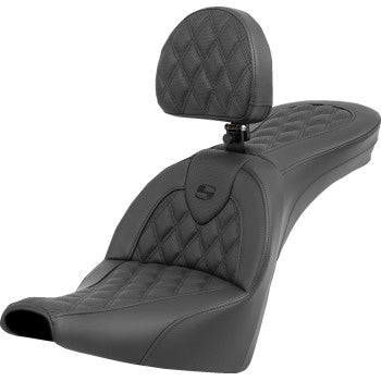 SADDLEMEN Roadsofa seat with lattice stitch and backrest for FXBB/FXST motorcycle 2018-2023, featuring durable leather upholstery.