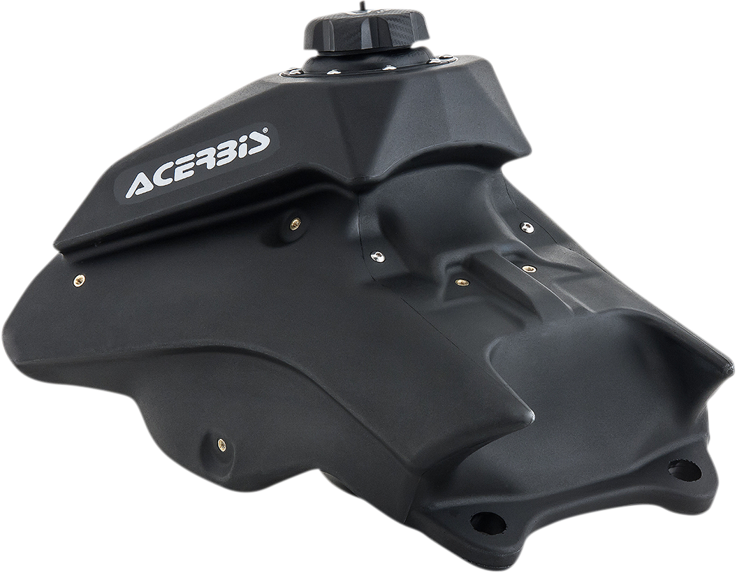 Black Acerbis gas tank for Honda motorcycles, 2.7-gallon capacity, body style, designed for compatibility with Honda bikes.