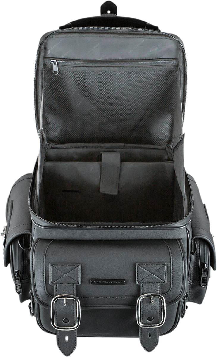 Black Saddlemens BR1800D Sissy Bar Bag on motorcycle seat, designed for secure storage and easy access.
