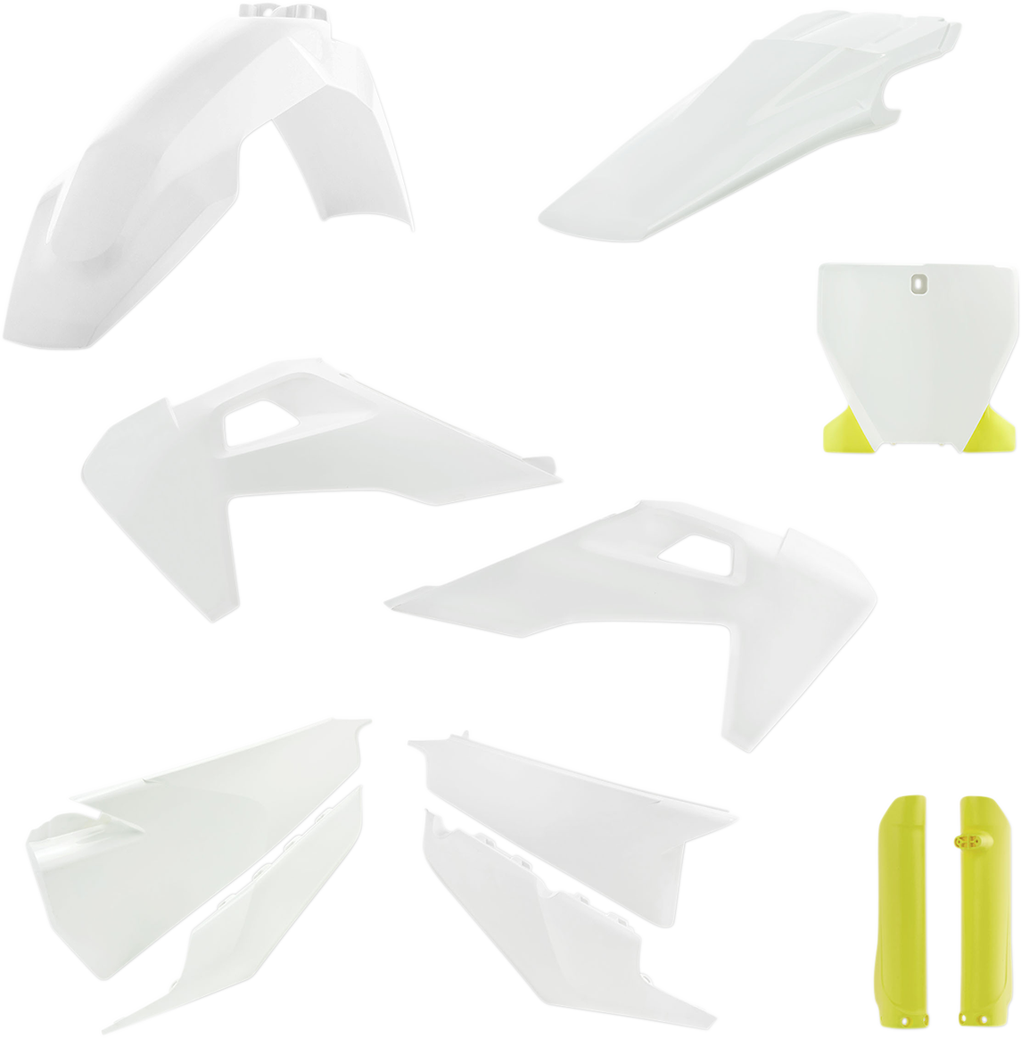 A white and yellow ACERBIS full replacement body kit for OEM '19 motorcycle, featuring sleek body panels and detailed design.