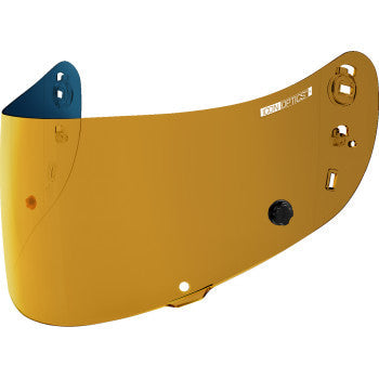 Bill's Exhausts ICON Tracshield™ Airframe Pro/Airmada 25K Gold tracshield for motorcycle helmets, shiny gold finish.