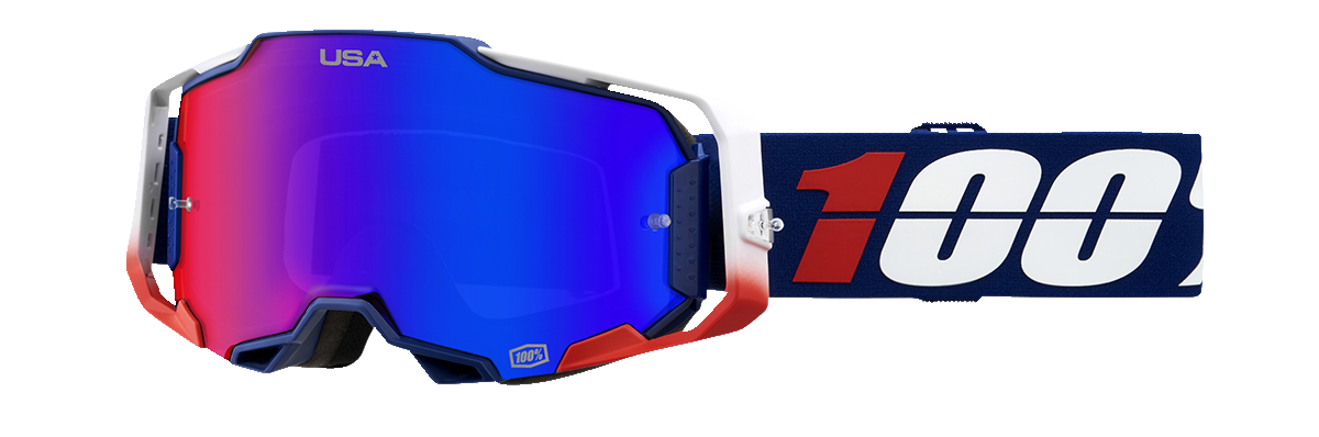 Bill's Exhausts 100% Armega MX goggles with HiPER Red/Blue Mirror lenses, featuring a sleek design and adjustable strap.