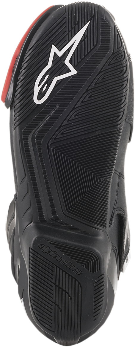 Alpinestars SMX-6 v2 motorcycle racing boots in black and red, US 13.5, EU 49, showing the sturdy design and protective features.