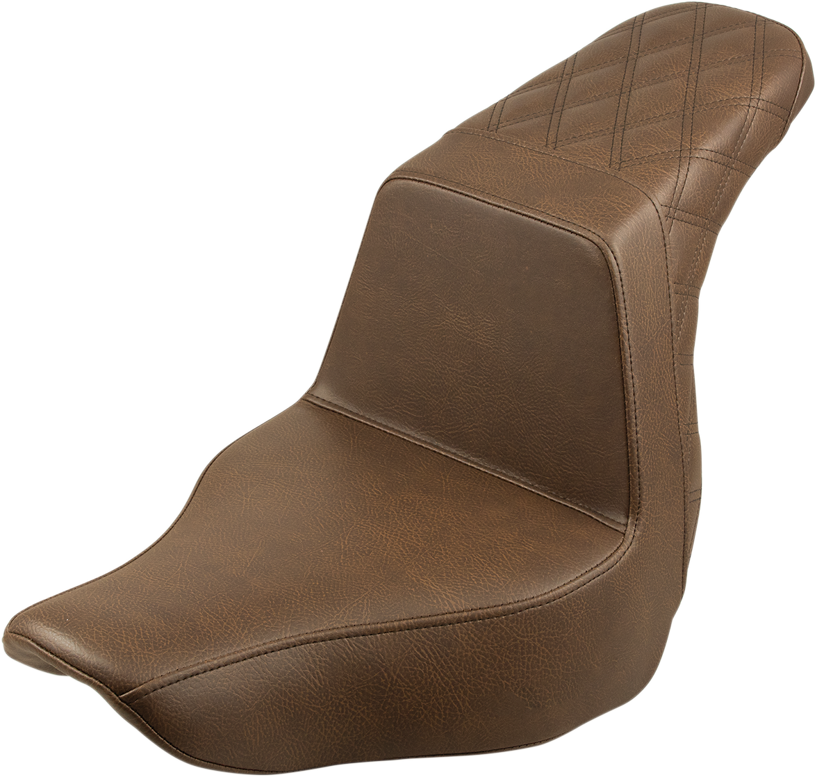 Brown SADDLEMEN Step-Up Seat with rear lattice stitch for motorcycles, designed for comfort and style.